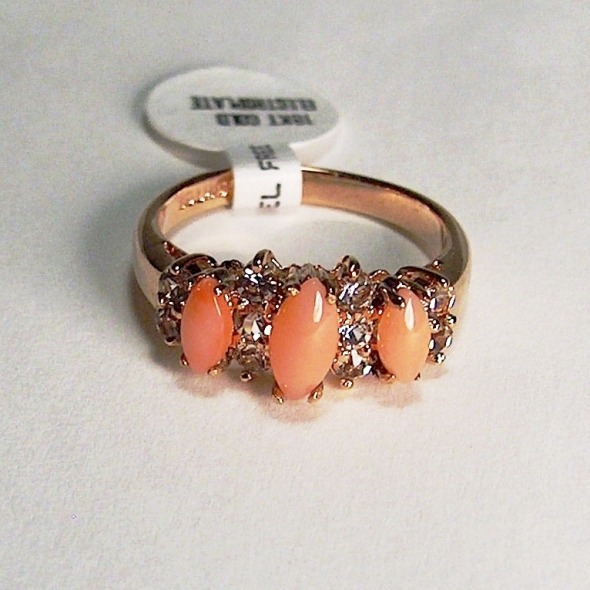 18K Gold Plated Coral Ring 3 Stone Nickle Free