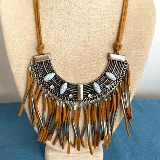 Tribal Style BOHO Necklace Suede Metal Stone Fringe.